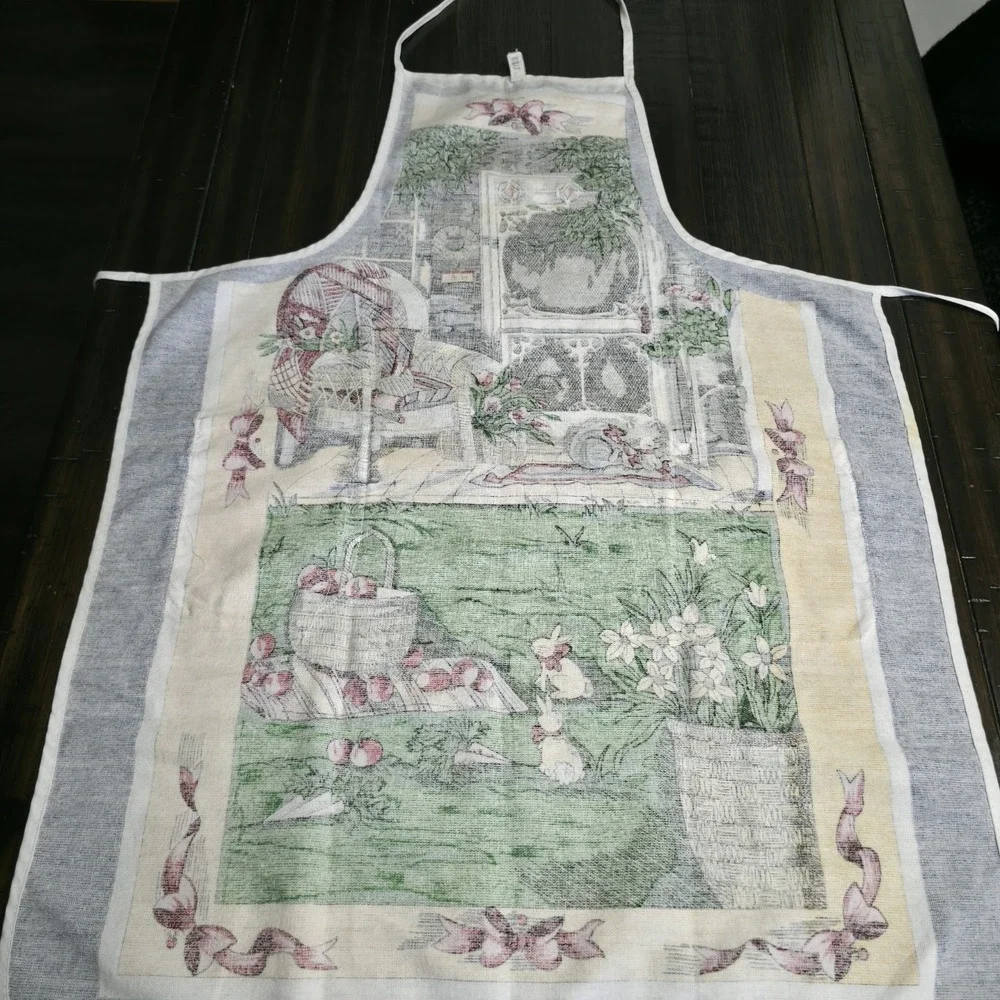 Vtg Joan Kessler Concord Fabric Apron Harvest Scene Apples Bunnies Farmhouse 80s